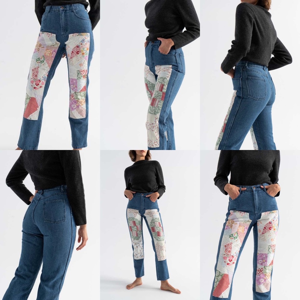 CARLEEN Patchwork Jeans One of a Kind vintage quilt Made in USA straight leg - Picture 2 of 12